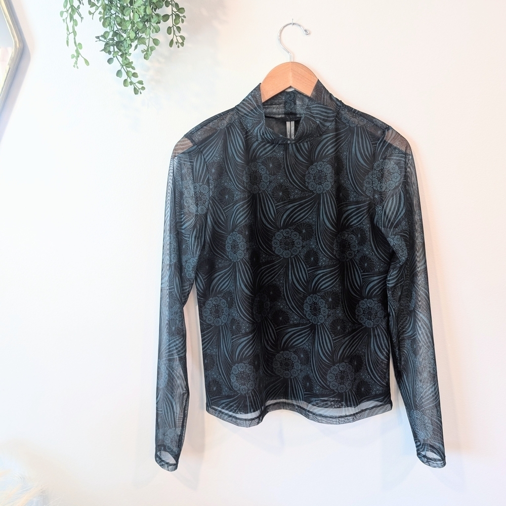 Sheer Black Patterned Long-Sleeve Blouse